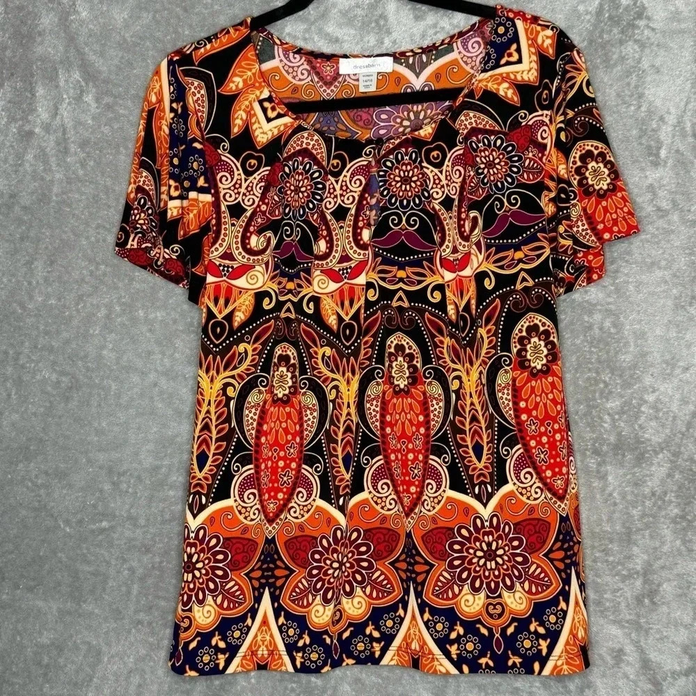Dressbarn 14 16 XL Shirt Top Orange Red Paisley Short Sleeve Scoop Neck Stretch